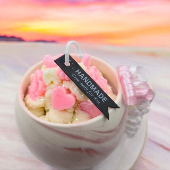 Handpoured Soy Wax Candle In Pink Marbled 12oz Ceramic Mug Air Freshening Scent - Picture 4 of 11